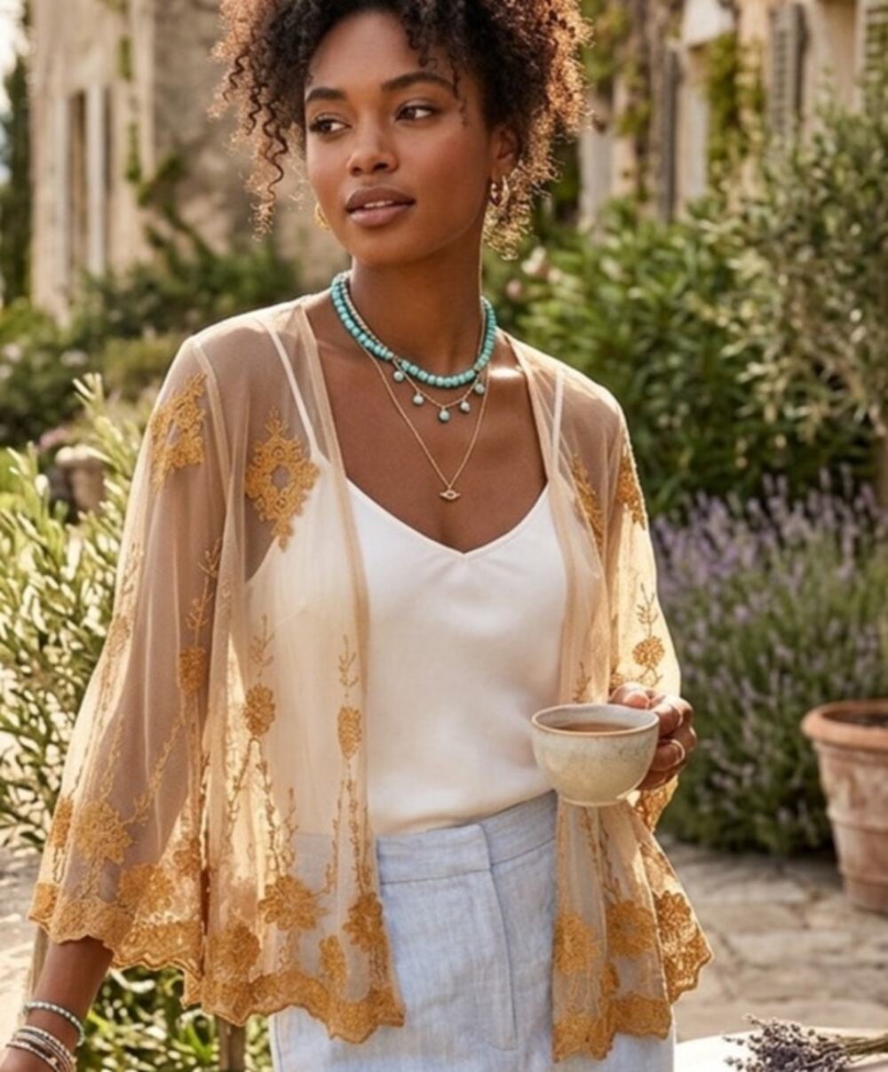 Boutique XXI lace and mesh embroidered cardigan blouse/wrap